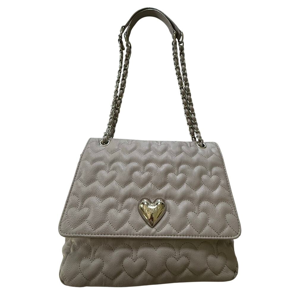 Betsey Johnson Shoulder Bag Size Medium Taupe Quilted Heart‎ Flap Chain Purse